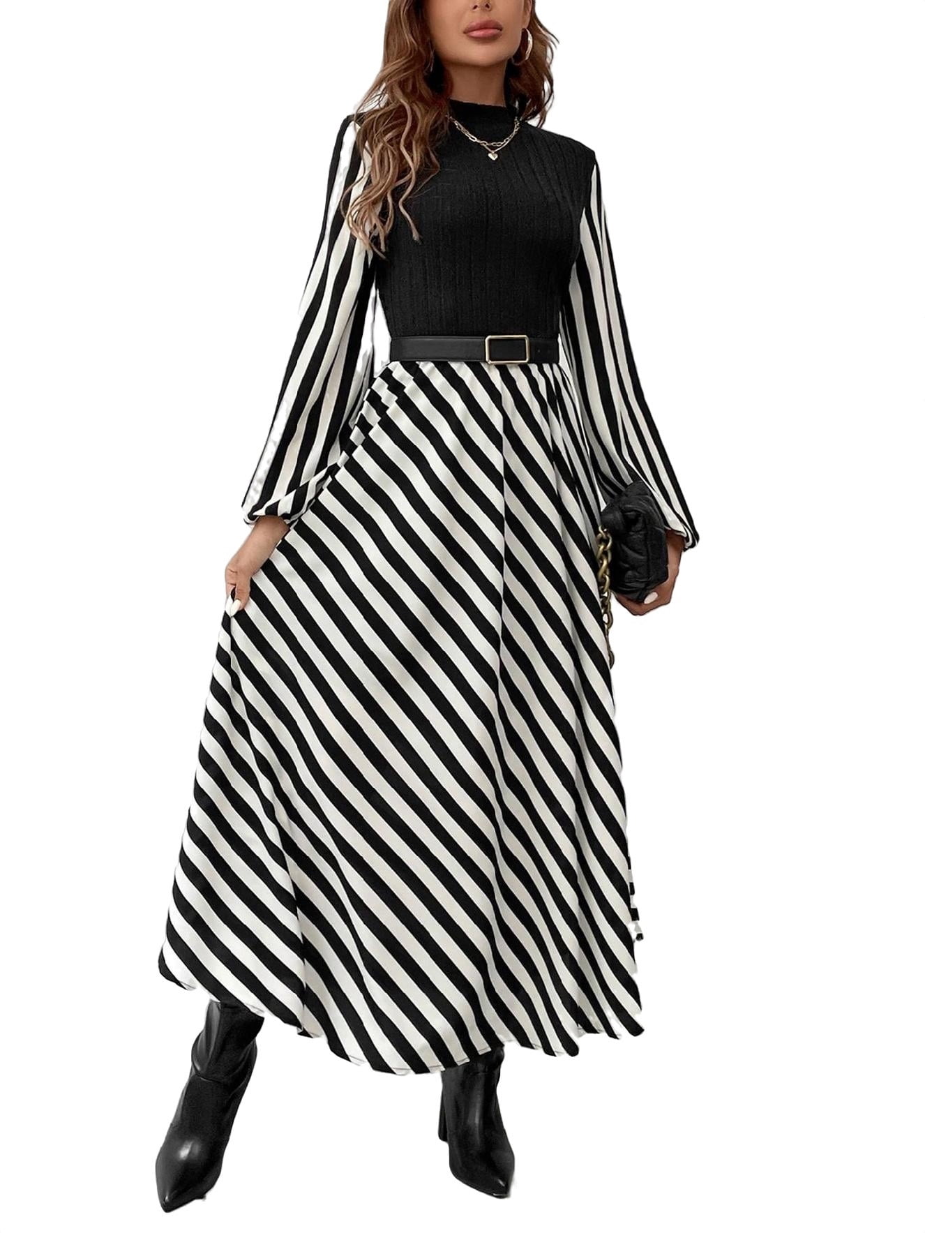 Women Black And White Striped Bodycon Long Sleeve Pink Dress